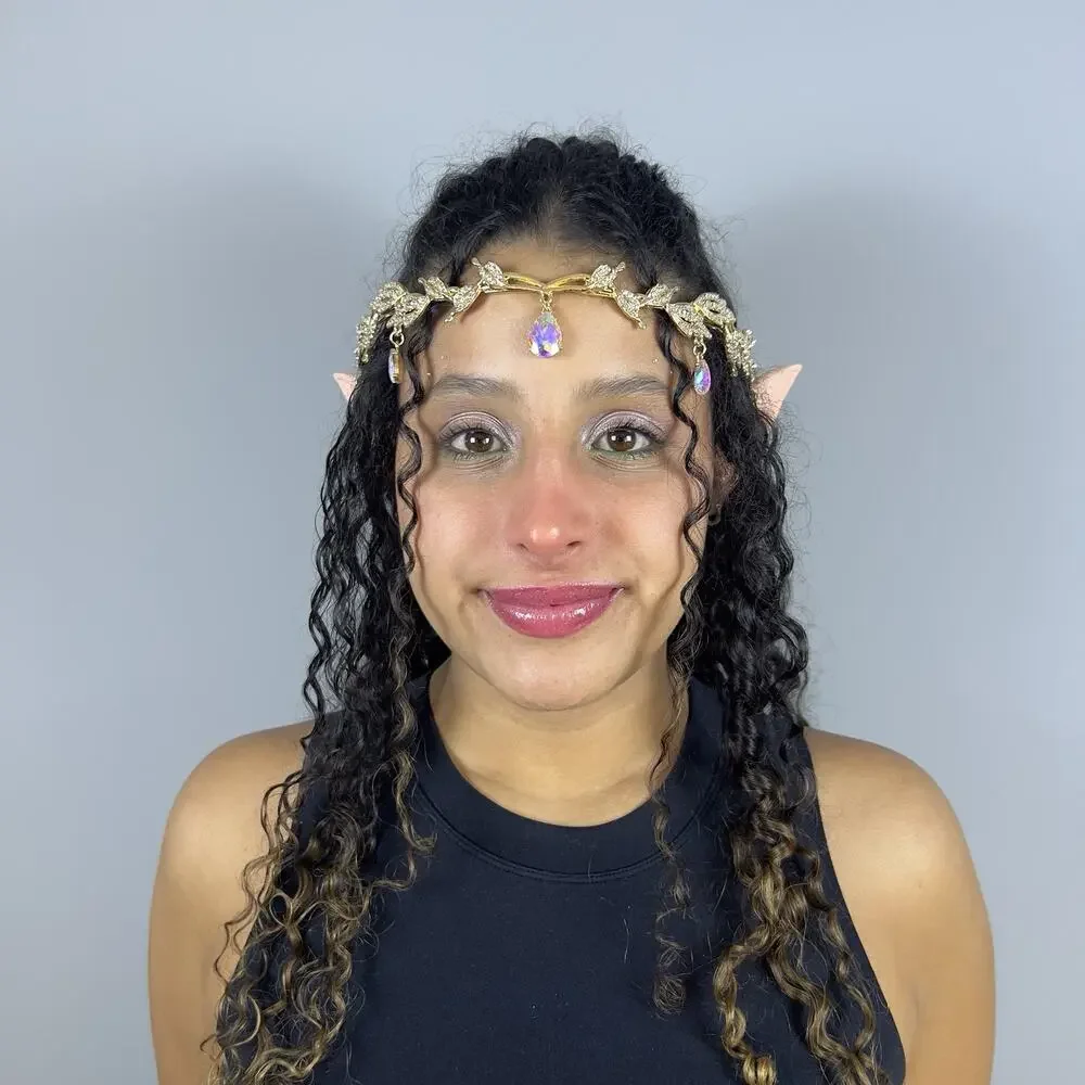 Gold Elf Fairy Tiara with Iridescent Gem & 4 Elf Ears Halloween Cosplay Princess - Picture 8 of 12